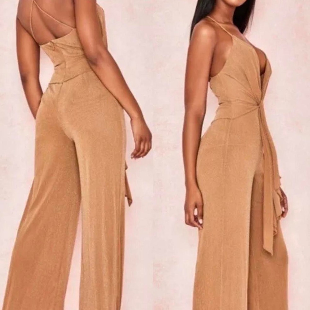 House of CB Sienna Gold Metallic Wide Leg Knot Front Jumpsuit Large SB4725